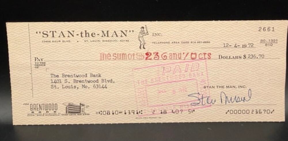 1972 Stan Musial Autographed Stan the Man Business Check St. Louis Cardinals MLB